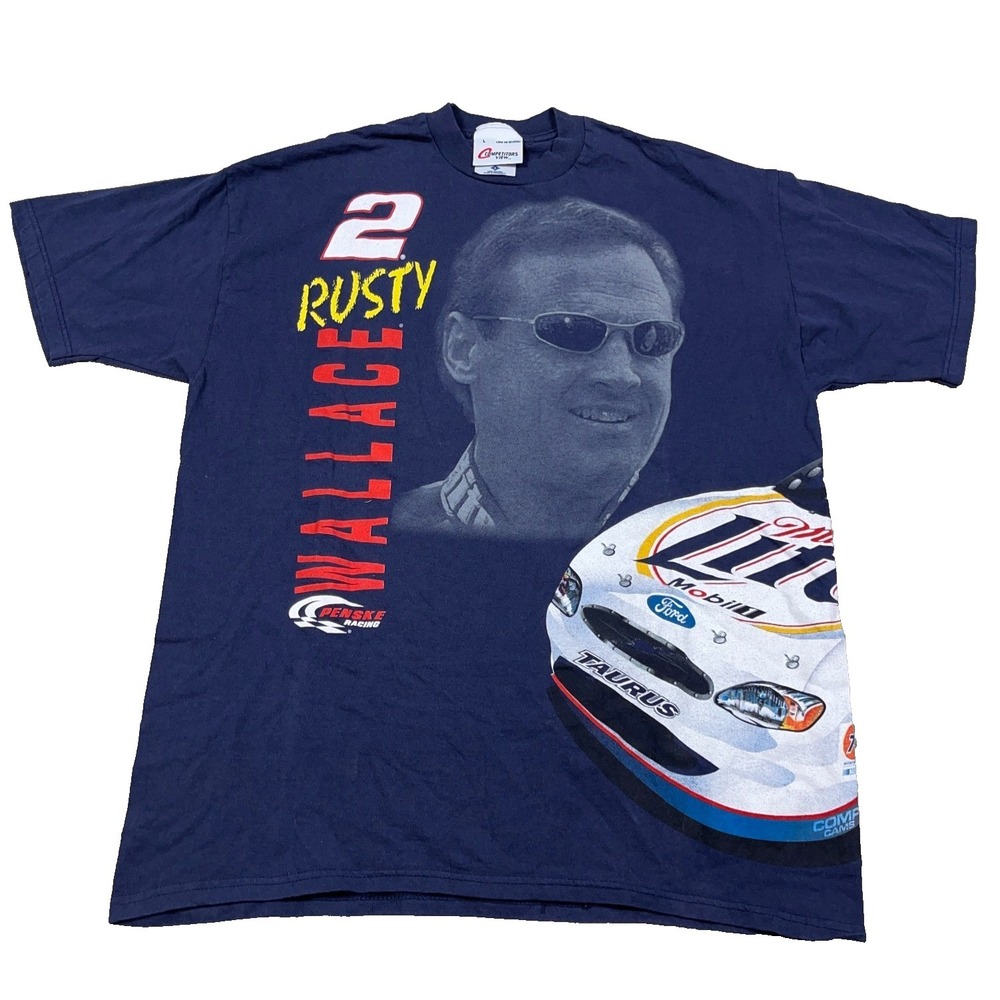 Vintage Rusty Wallace Shirt Men Large Blue Miller Lite Wrap Around 90s AOP Race